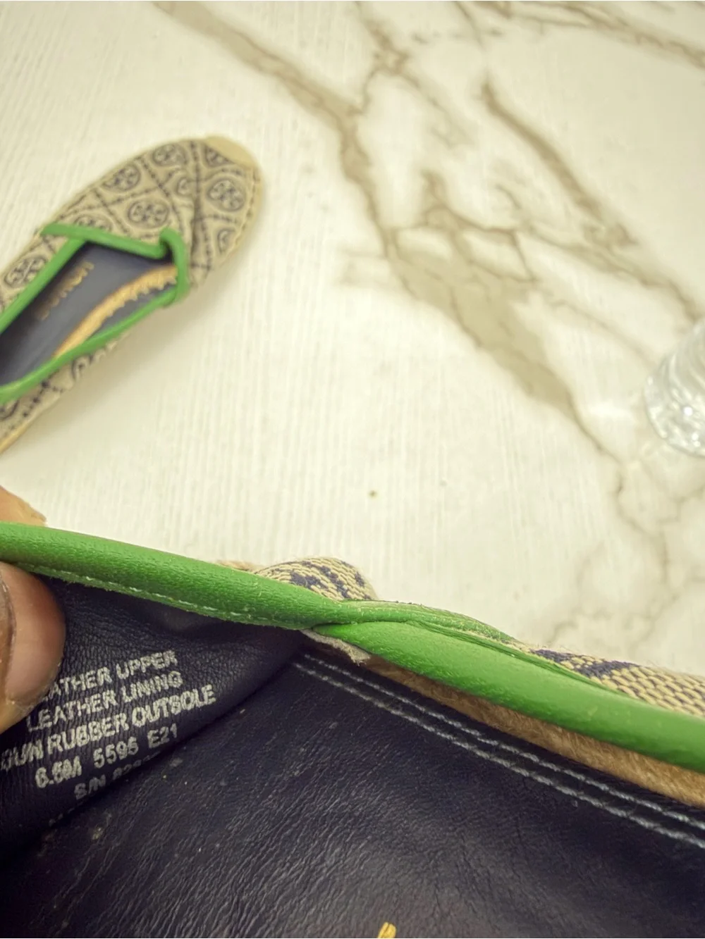Tory Burch T Monogram Espadrille Flats Green Trim Navy Canvas Size 6.5M 5595